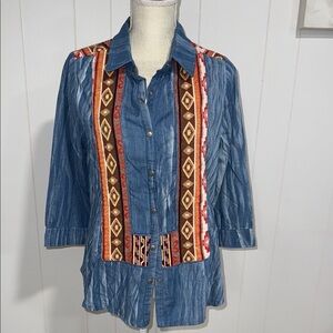 Nick & Mo Blue Denim Blouse with Multicolor Accents